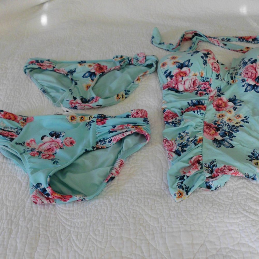 SEA FOLLY AQUA/PINK FLORAL  3-PIECE  BATHING SUIT